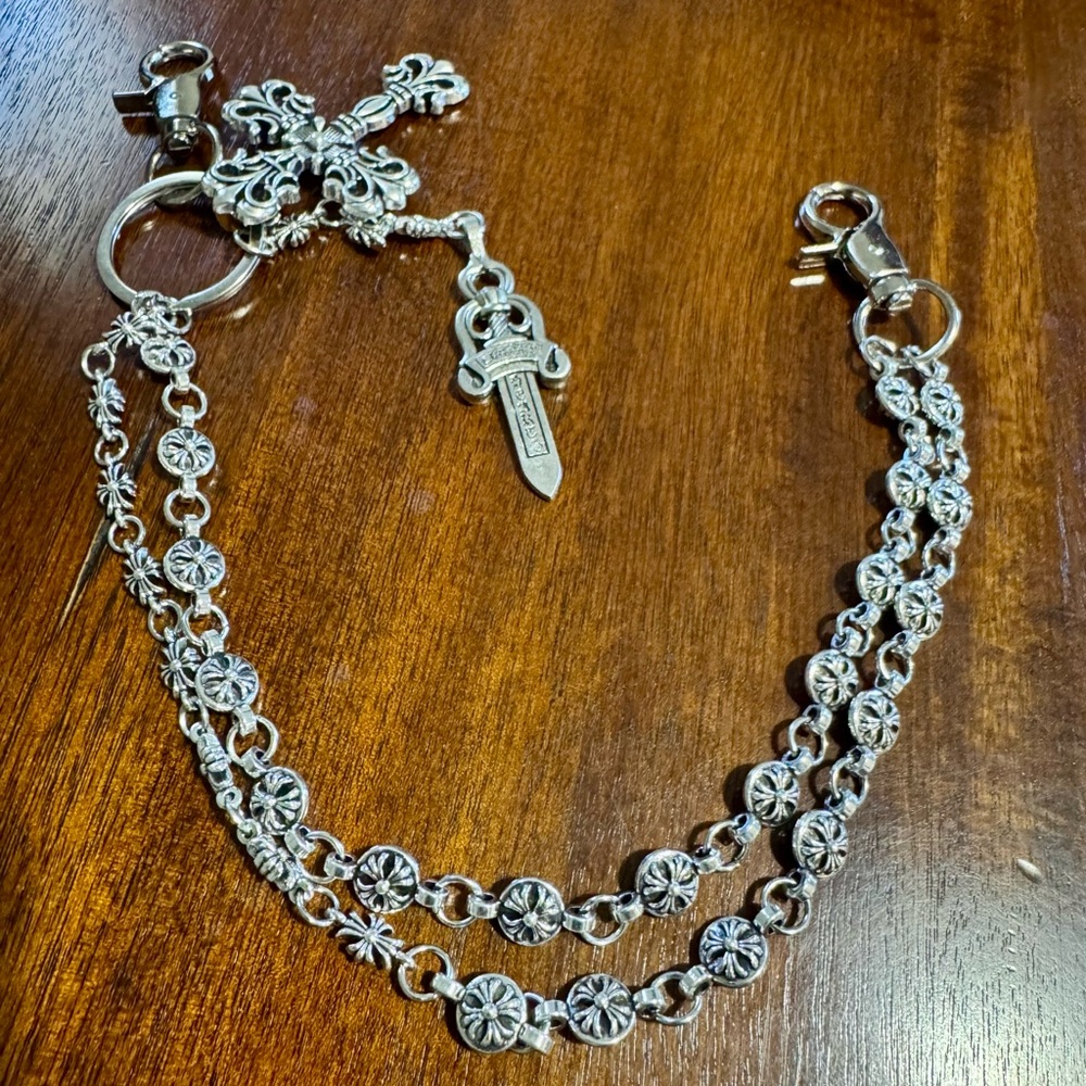 Silver Chrome hearts Double-Chain Wallet/Key Chain with Dagger Charm
